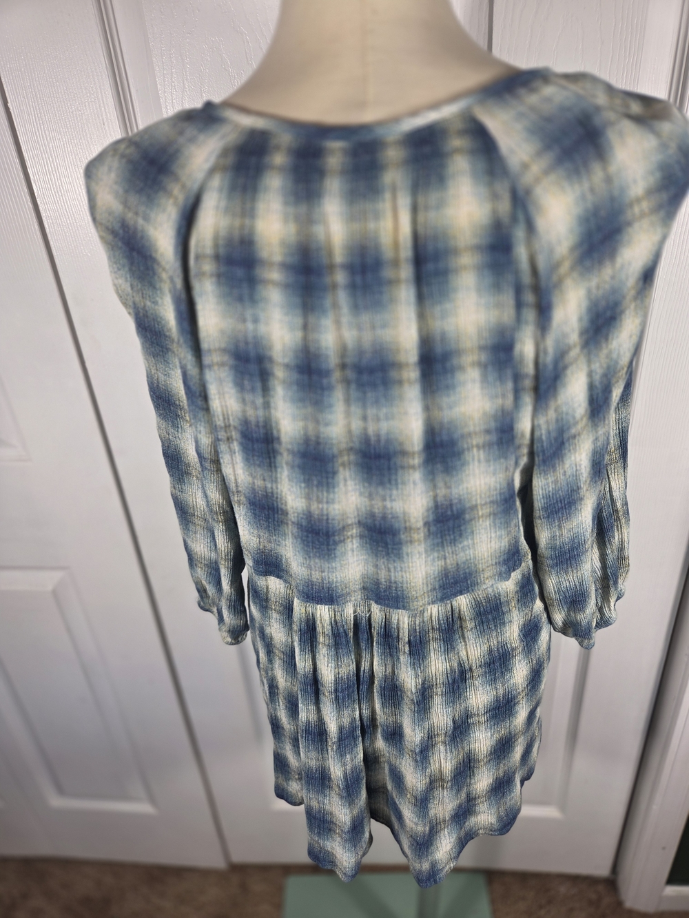 Maeve Anthropologie Plaid Peasant Tunic Top Medium Blue Cream Boho Babydoll - Picture 3 of 8